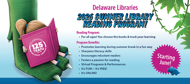 Girl reading sitting on Dinosaur feet announcing Summer Library Reading at Delaware Libraries.